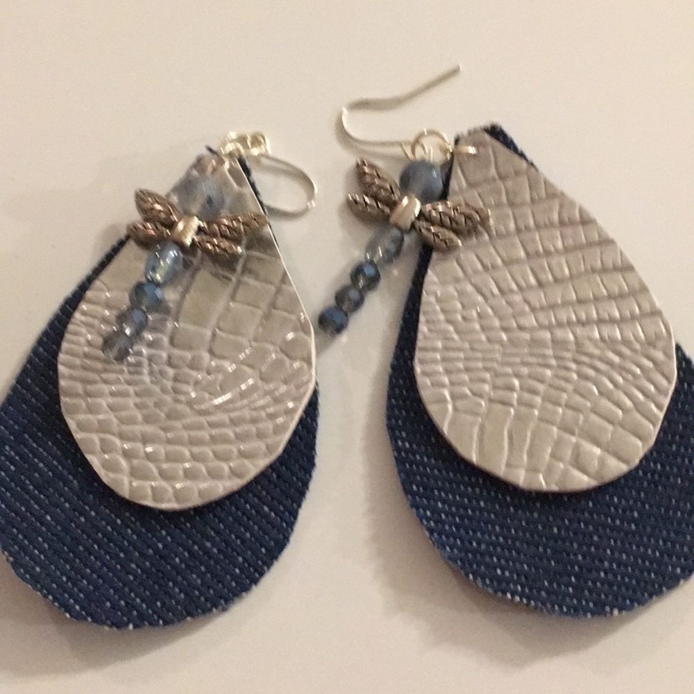 Denim Teardrop Earrings with Dragonfly Charm (N)